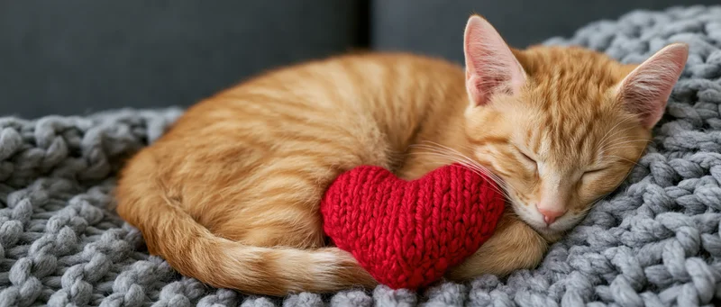 Orange tabby kitten sleeping curled up on gray knitted blanket with red heart pillow