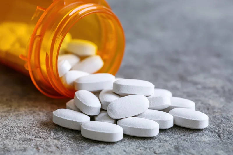 White oval pills spilled from an orange translucent prescription bottle onto a gray textured surface