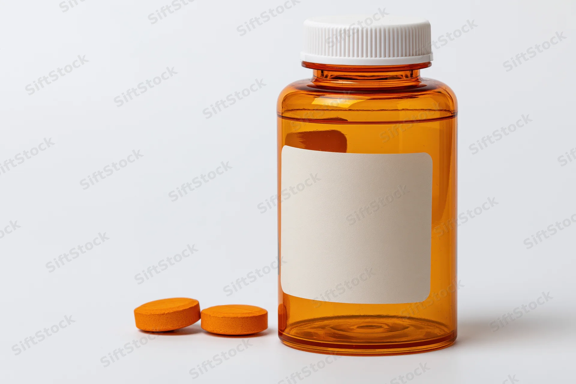 Orange translucent pill bottle with blank label and two orange tablets on white background