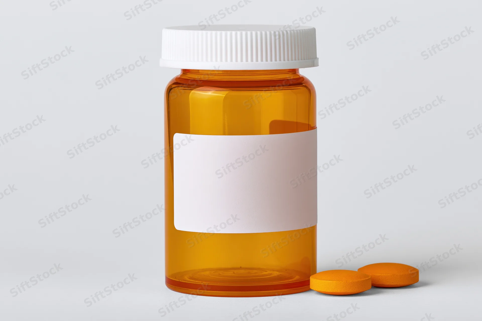 Orange translucent prescription pill bottle with blank label and two orange tablets beside it on white background