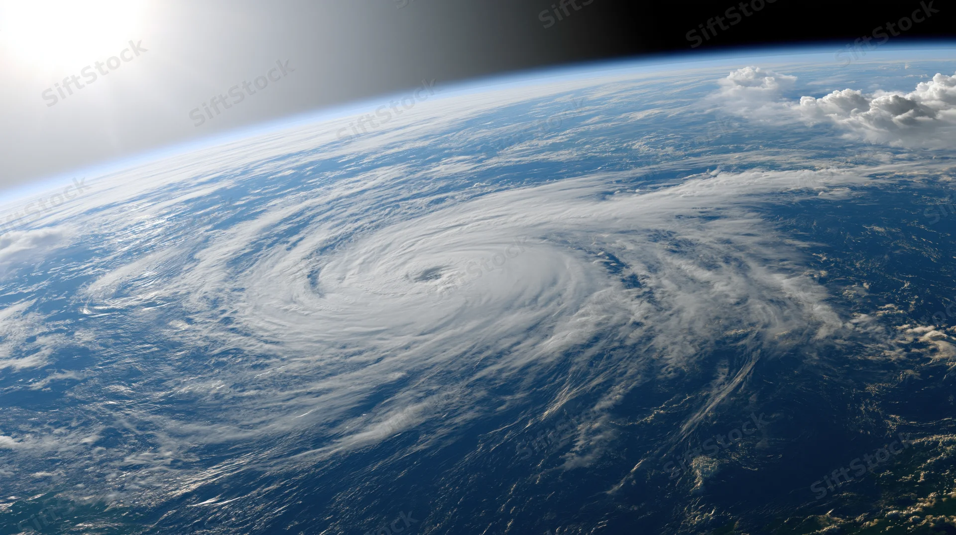 Orbital view of earth showing a massive hurricane spiral over the ocean