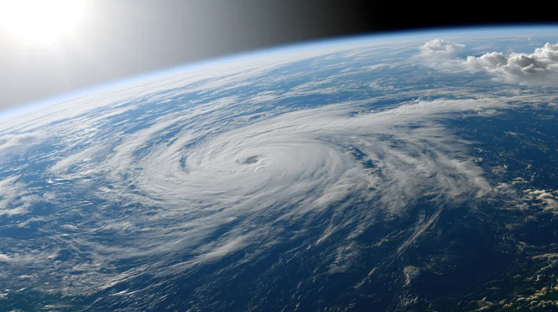 Orbital view of earth showing a massive hurricane spiral over the ocean