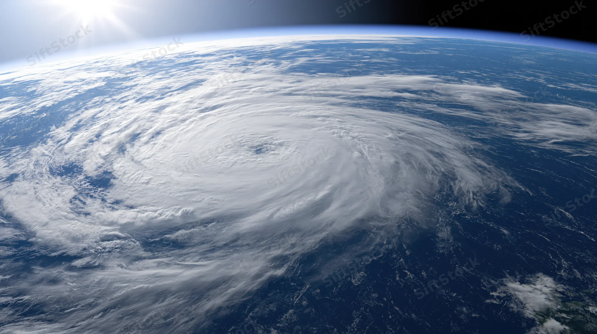 Orbital view of earth showing massive hurricane spiral over ocean with sunlit horizon