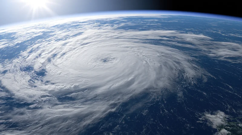Orbital view of earth showing massive hurricane spiral over ocean with sunlit horizon