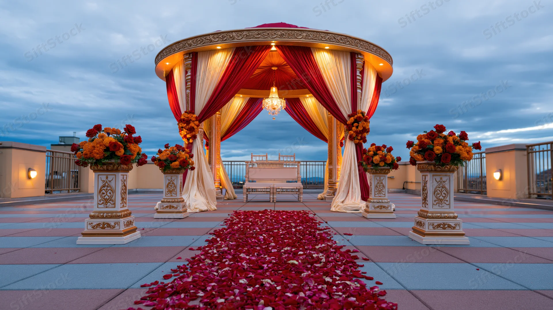Ornate indian wedding mandap with floral decorations and red petals on rooftop at twilight