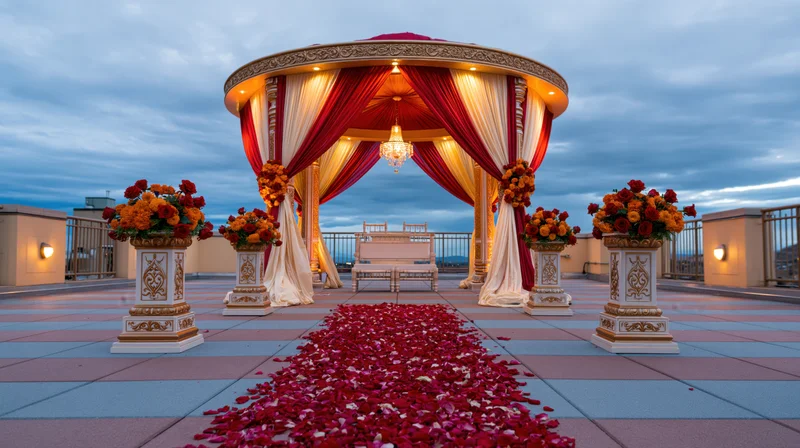 Ornate indian wedding mandap with floral decorations and red petals on rooftop at twilight