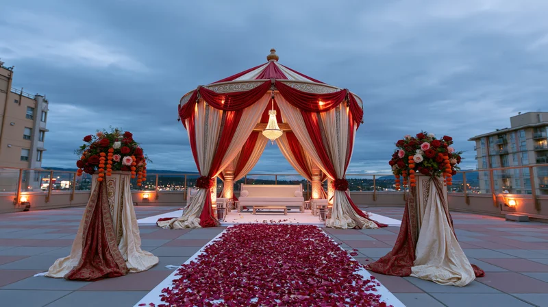 Ornate indian wedding mandap setup on rooftop terrace with red and white drapery, floral arrangements, and petal-covered aisle at twilight