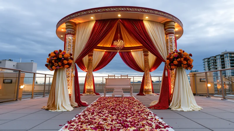 Ornate indian wedding mandap with red and gold drapery and floral arrangements on a rooftop terrace at dusk