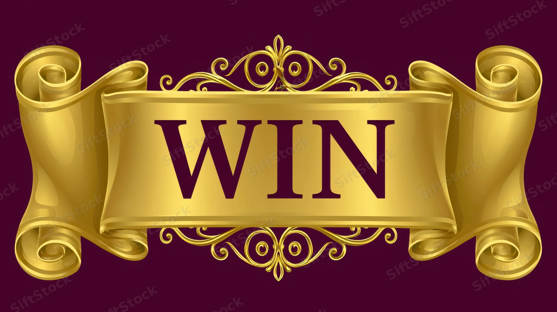 Ornate gold ribbon banner with bold win text on deep purple background