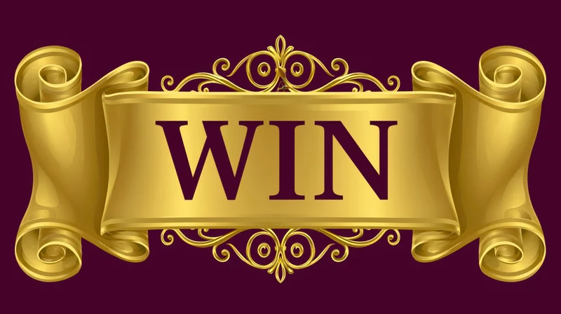 Ornate gold ribbon banner with bold win text on deep purple background