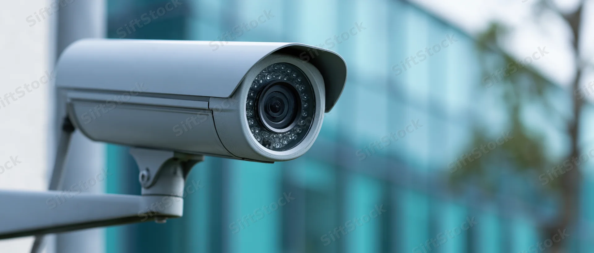 Outdoor bullet cctv camera mounted on metal bracket angled toward modern glass building