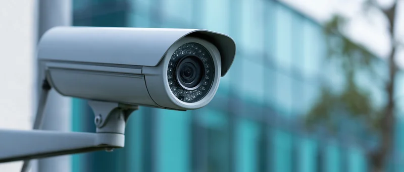 Outdoor bullet cctv camera mounted on metal bracket angled toward modern glass building