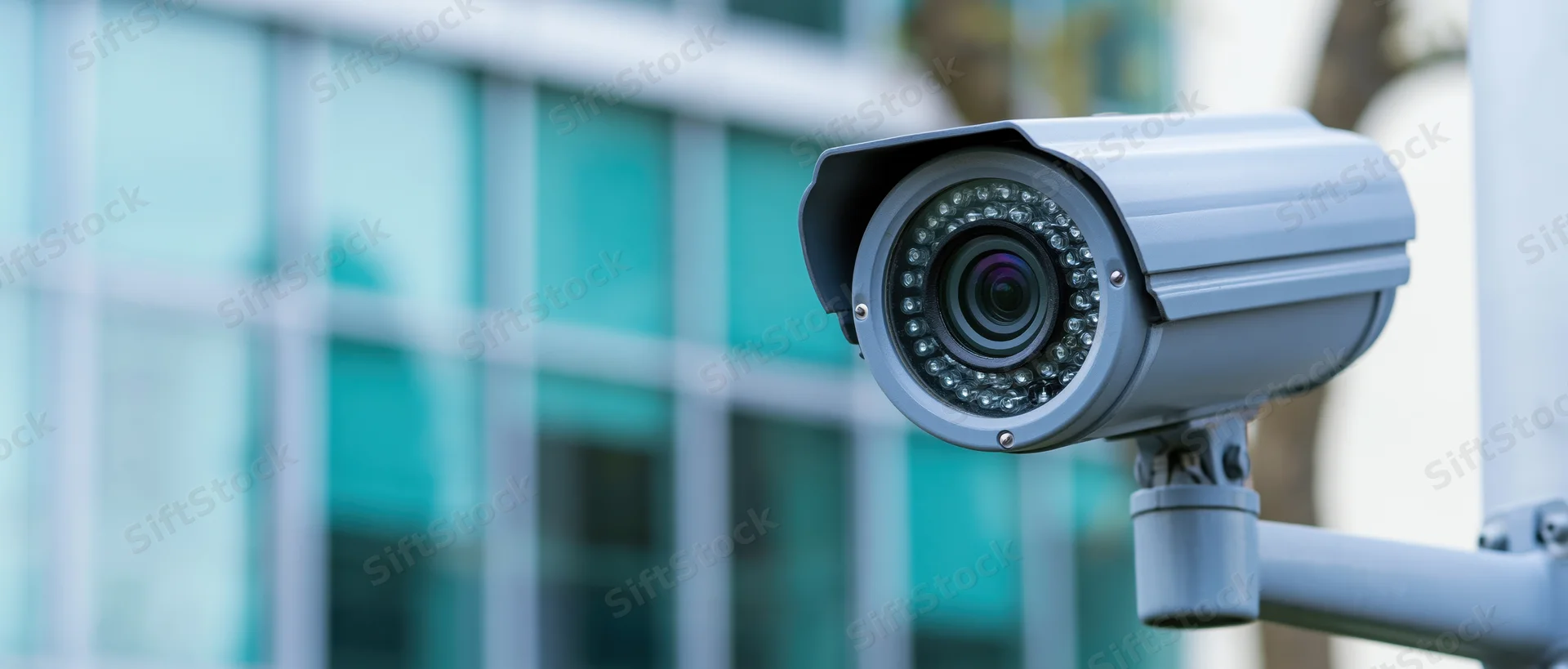 Outdoor bullet cctv camera mounted on metal bracket angled toward modern glass building