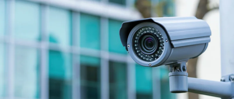 Outdoor bullet cctv camera mounted on metal bracket angled toward modern glass building
