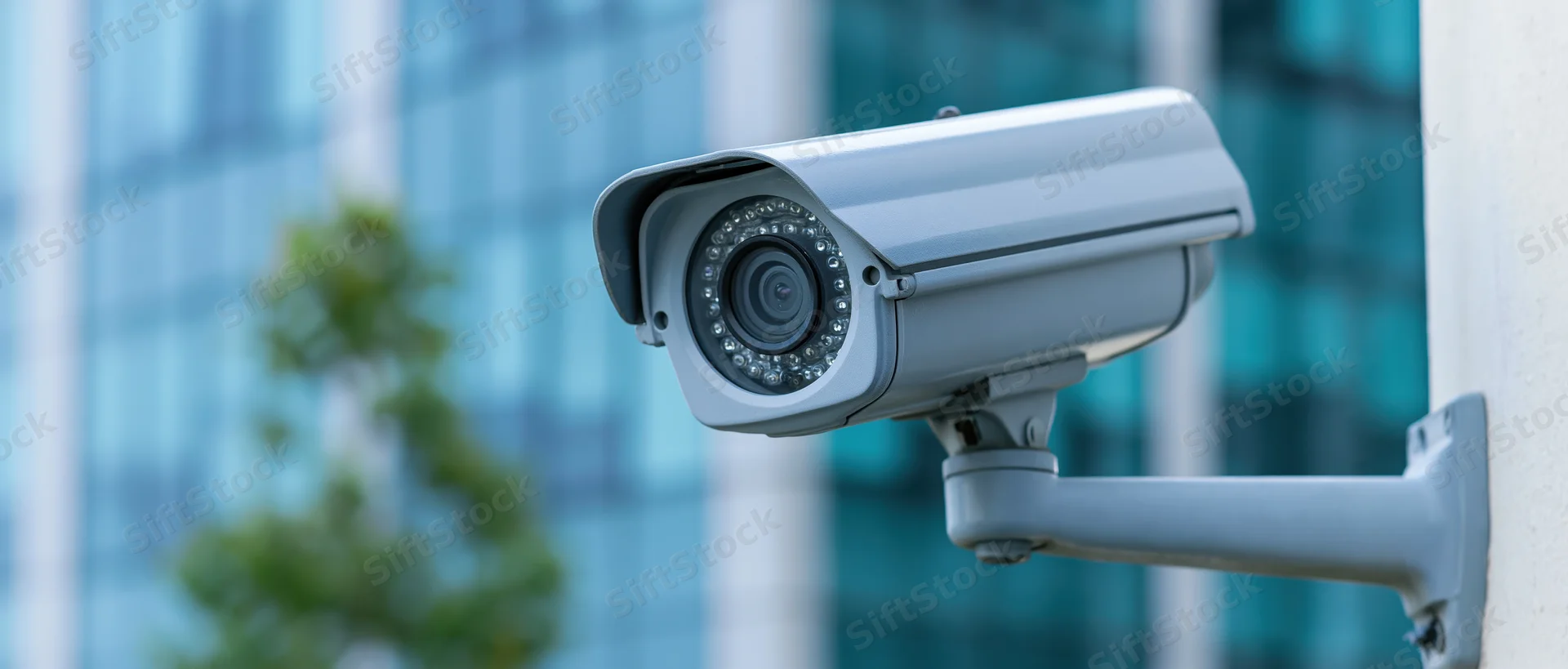 Outdoor bullet cctv camera mounted on metal bracket angled toward building facade