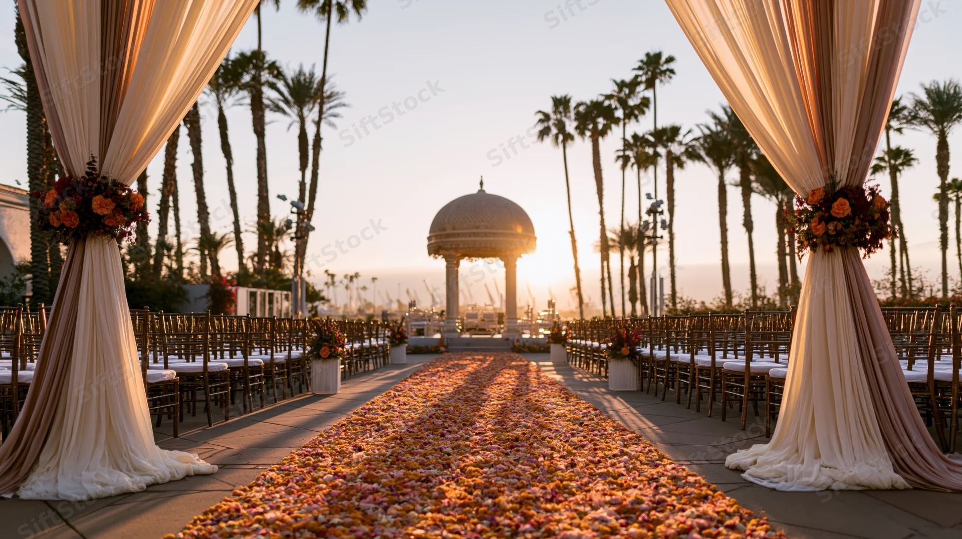 Flower-covered aisle leading to a domed canopy at sunset with palm trees and draped arches flanking rows of chairs