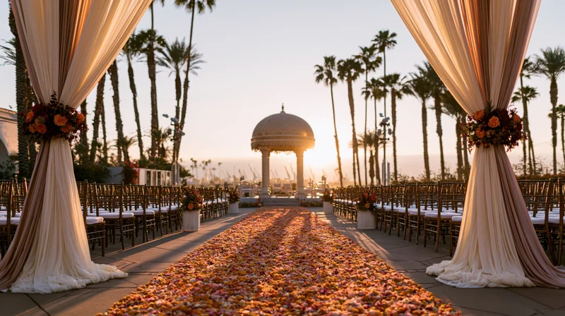 Flower-covered aisle leading to a domed canopy at sunset with palm trees and draped arches flanking rows of chairs