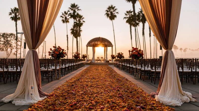 Indian wedding ceremony aisle covered in flower petals at sunset with palm trees and draped canopy