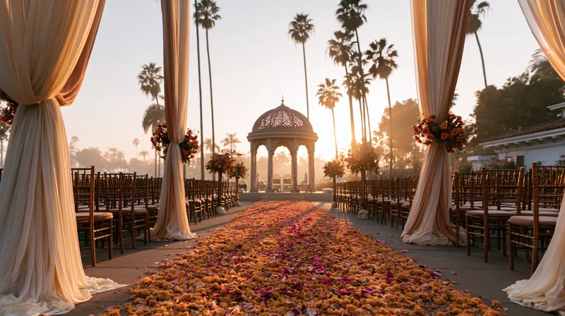 Outdoor wedding ceremony venue with flower-covered aisle and palm trees at sunset