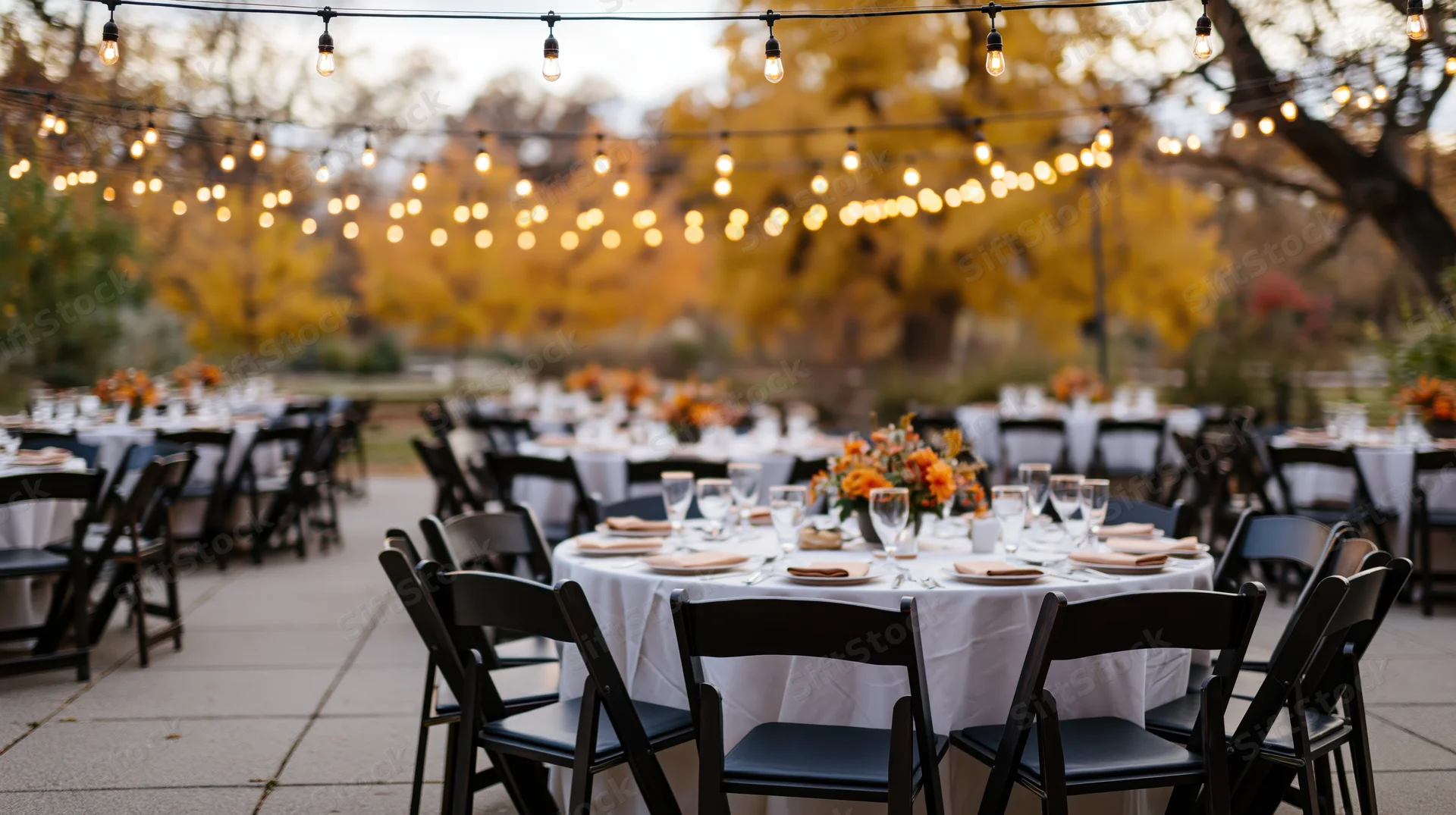 Round tables with white linens and floral centerpieces set outdoors under string lights for a wedding reception in autumn