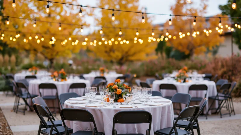 Outdoor wedding reception tables set with white linens and floral centerpieces under string lights in autumn garden