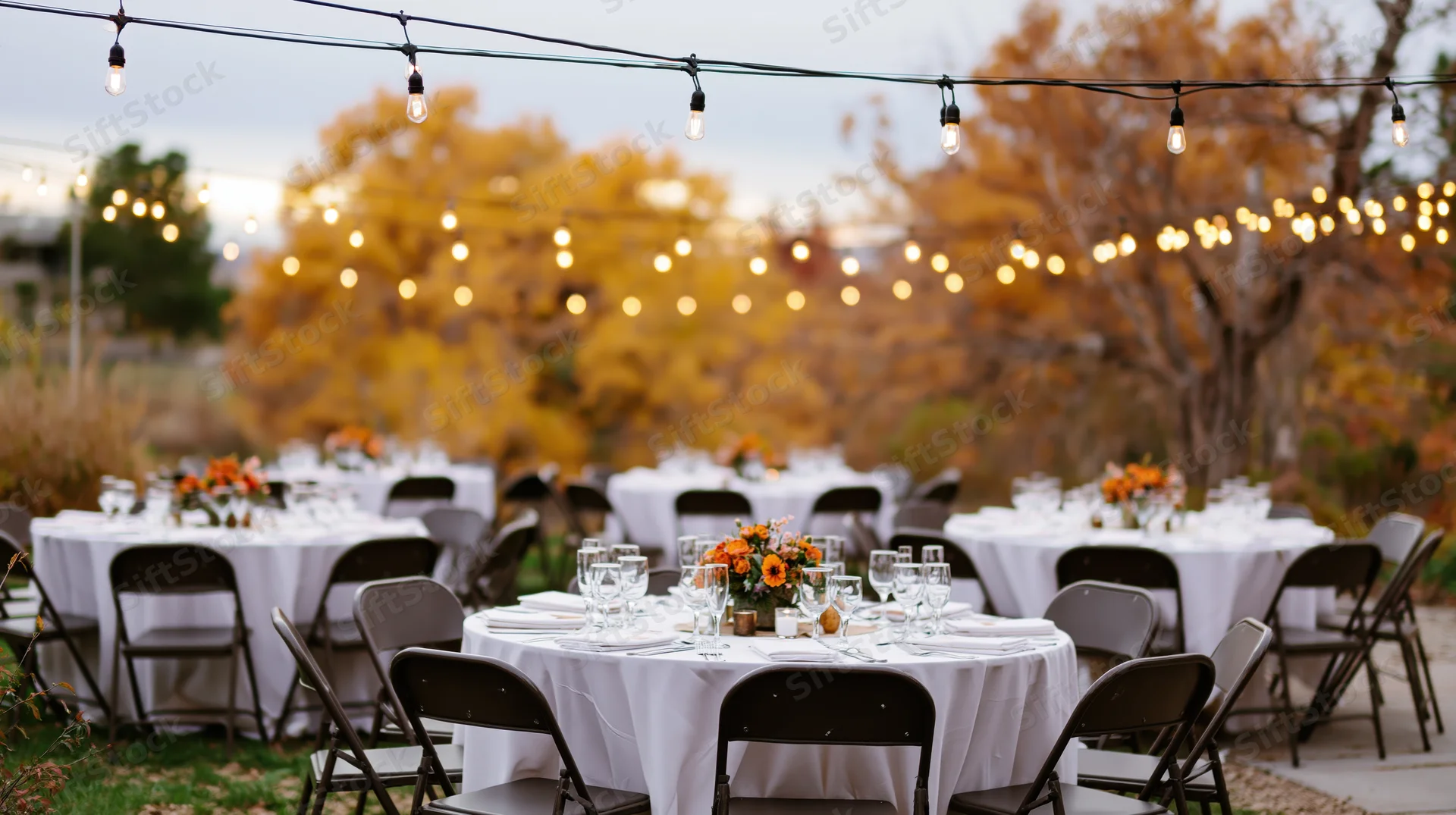 Round tables with white linens and floral centerpieces set outdoors under string lights in an autumn garden