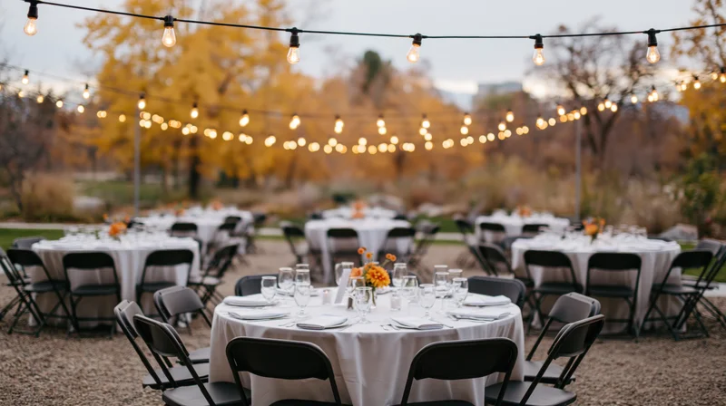 Outdoor wedding reception tables set with white linens and string lights under autumn trees at dusk
