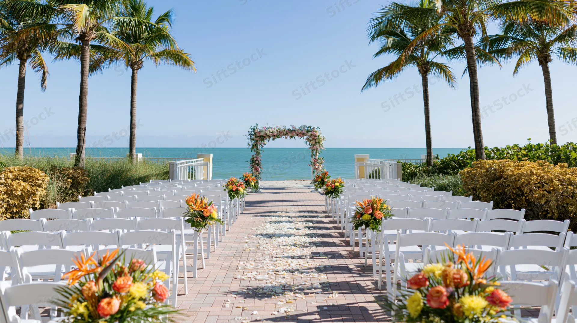Rows of white chairs arranged along a brick aisle toward a floral arch by the ocean under palm trees