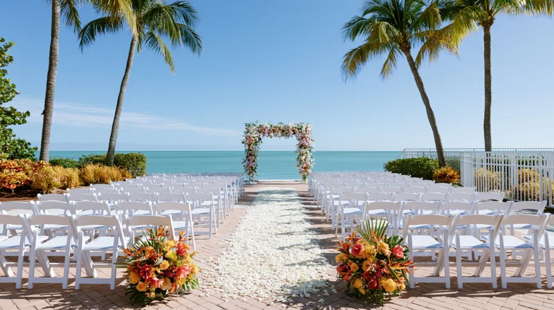 Rows of white chairs arranged for a beach wedding ceremony facing a floral arch by the ocean