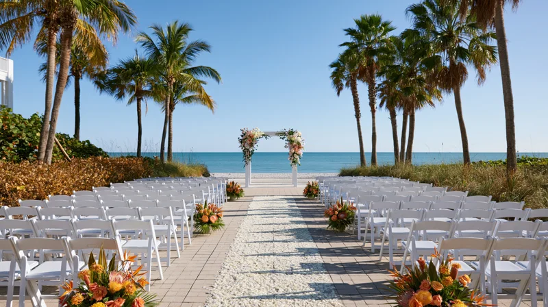 White chairs arranged on a gravel aisle leading to a floral arch by the ocean under palm trees