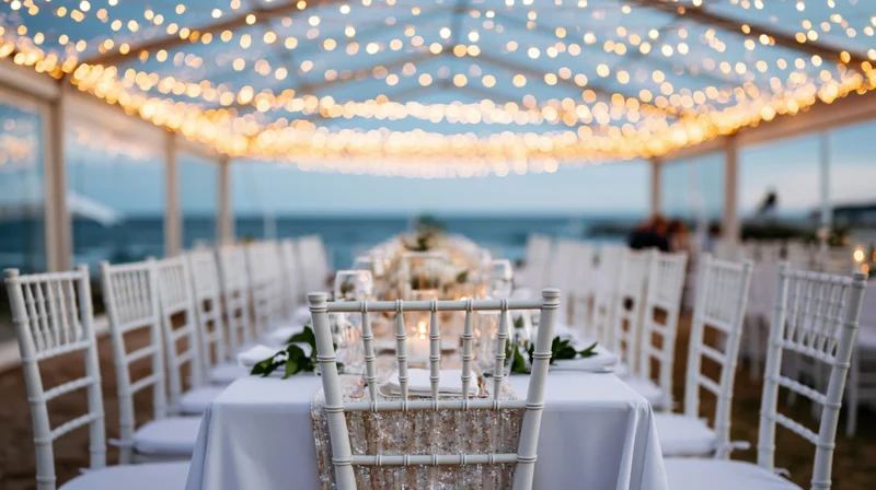 Wedding reception table set under clear tent with string lights overlooking ocean at twilight