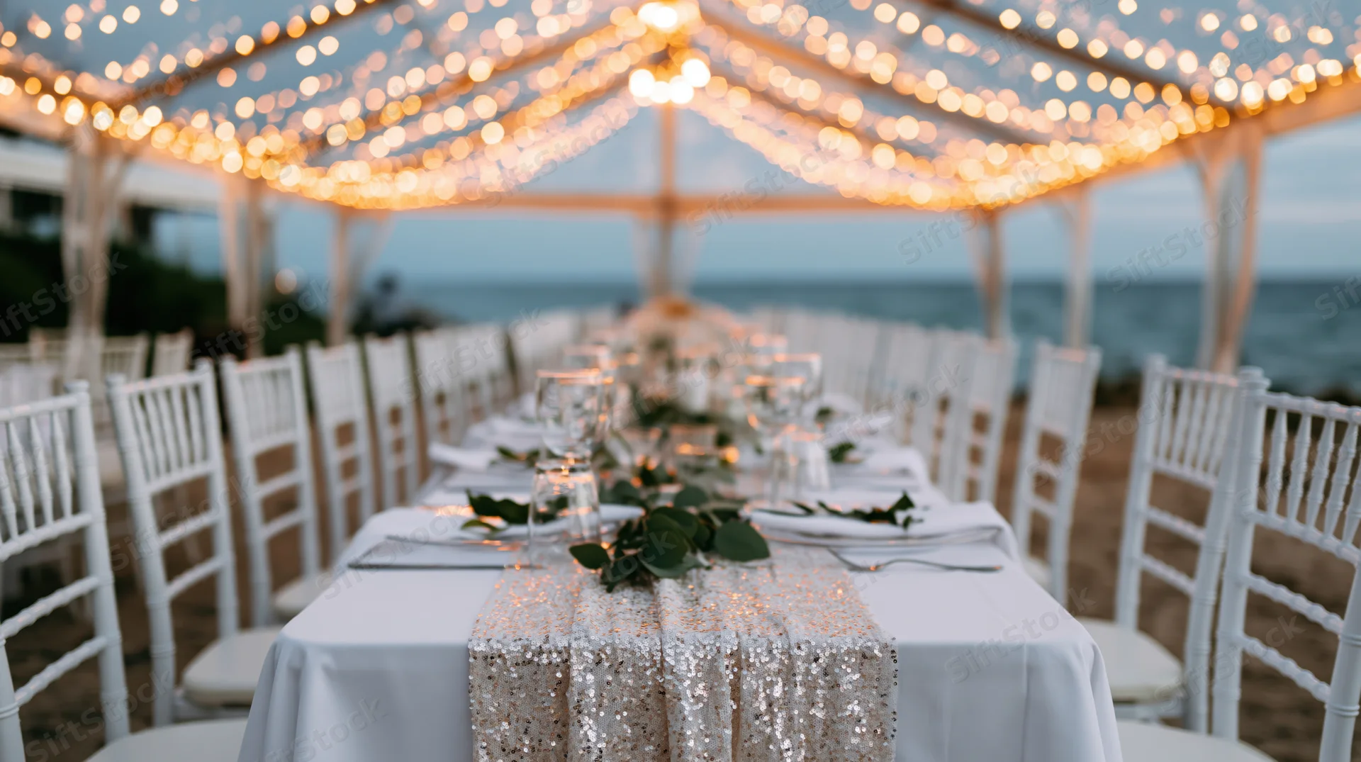 Wedding reception table set under clear tent with string lights on beach at twilight