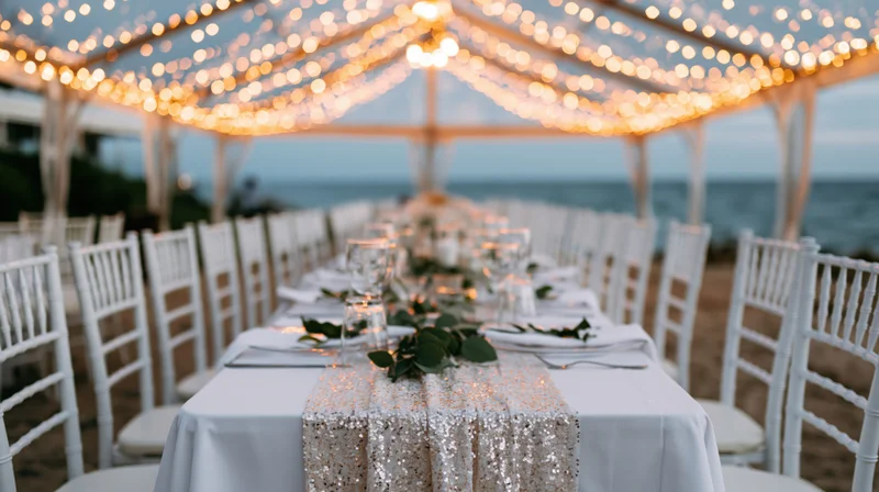 Wedding reception table set under clear tent with string lights on beach at twilight