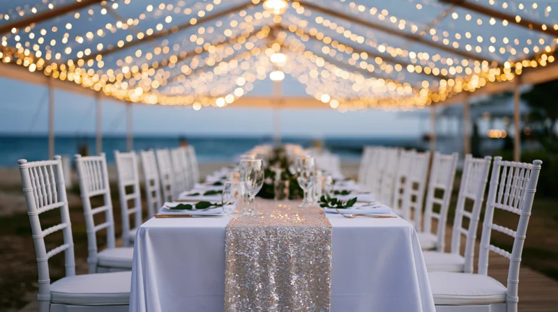 Long white table set for wedding dinner under string lights in a clear tent on a beach at twilight