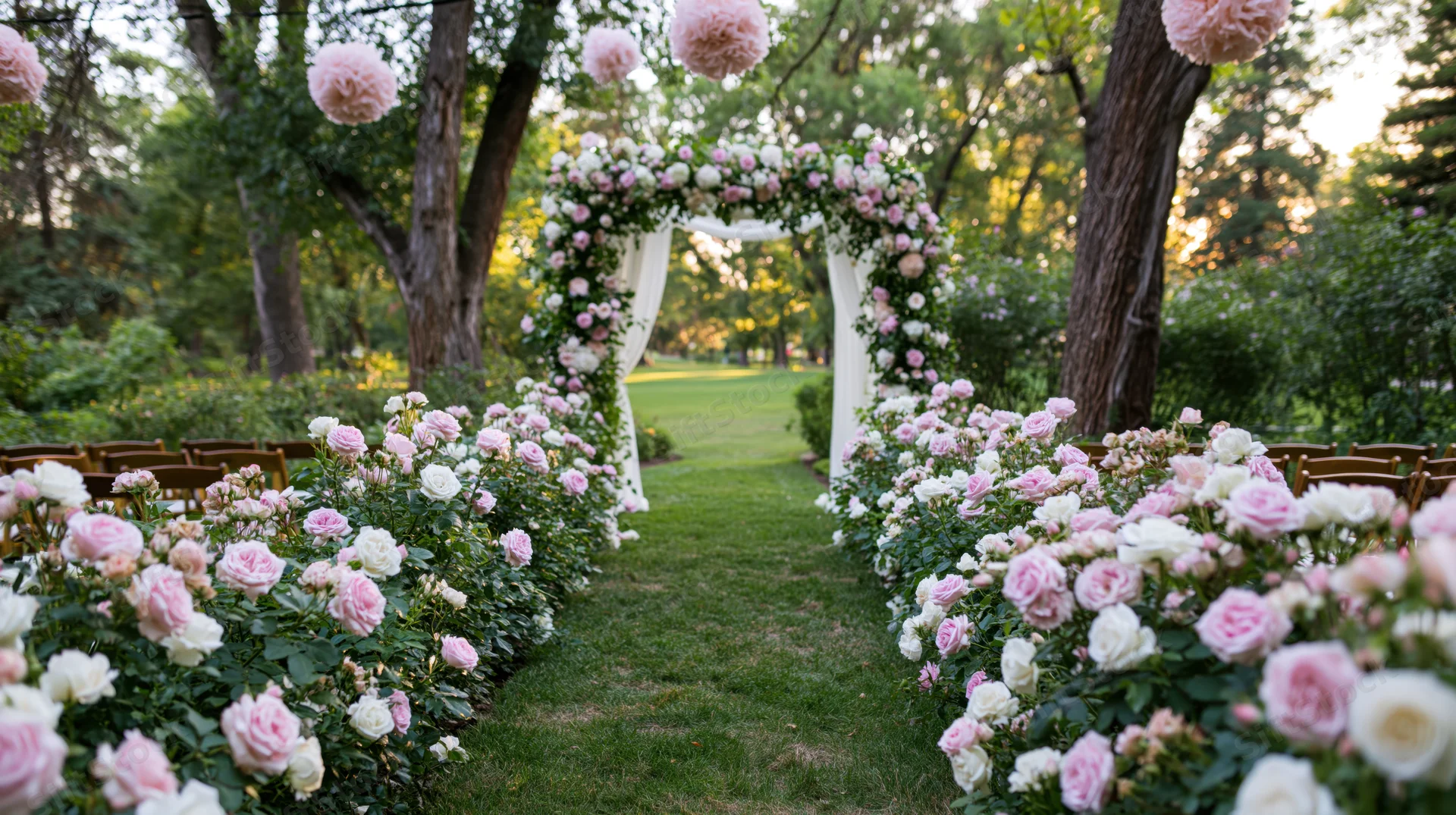 Wedding aisle lined with pink and white roses leading to a floral arch in a garden setting