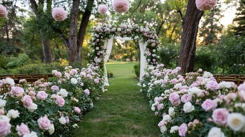 Wedding aisle lined with pink and white roses leading to a floral arch in a garden setting