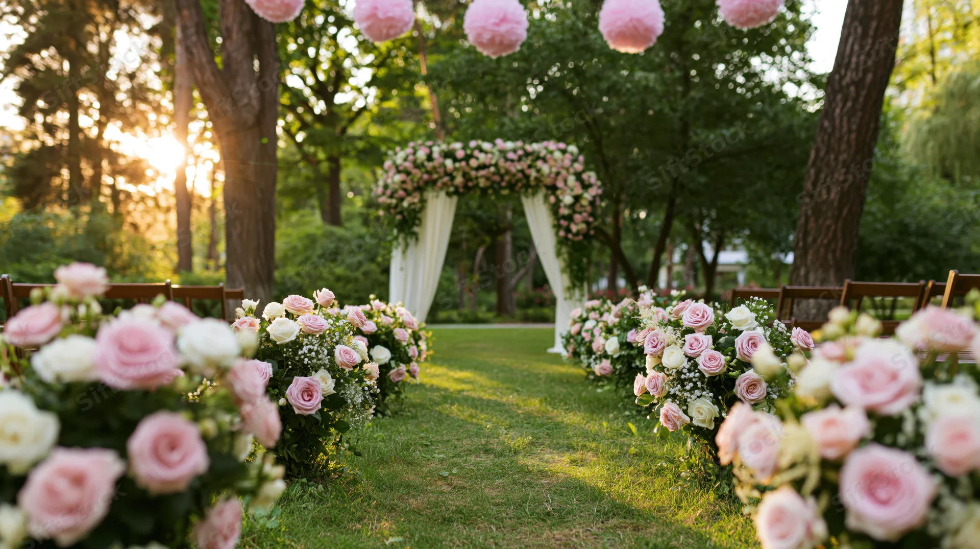 Wedding aisle lined with pink and white roses leading to a floral arch in a sunlit garden