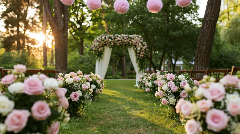 Wedding aisle lined with pink and white roses leading to a floral arch in a sunlit garden