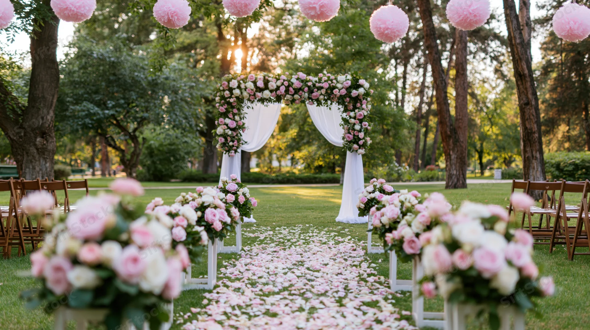 Wedding ceremony aisle decorated with pink and white roses and floral arch in a garden setting
