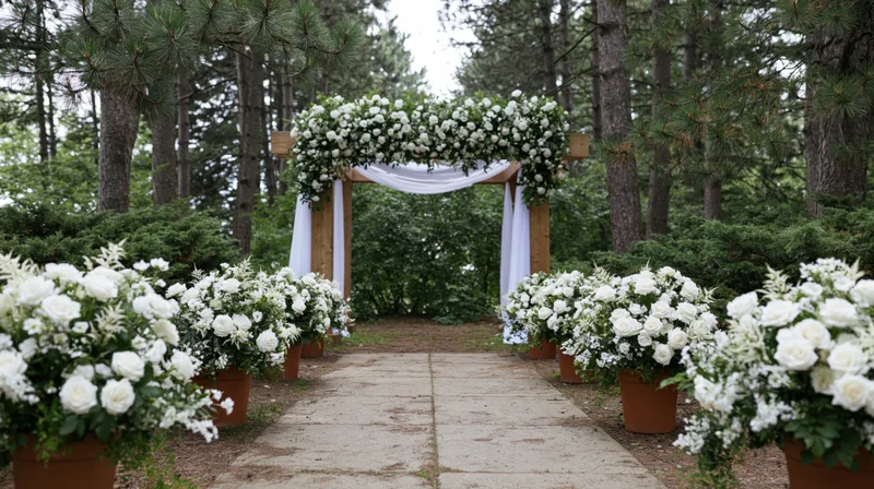 Wedding ceremony aisle lined with white floral arrangements under a wooden arch in a pine forest