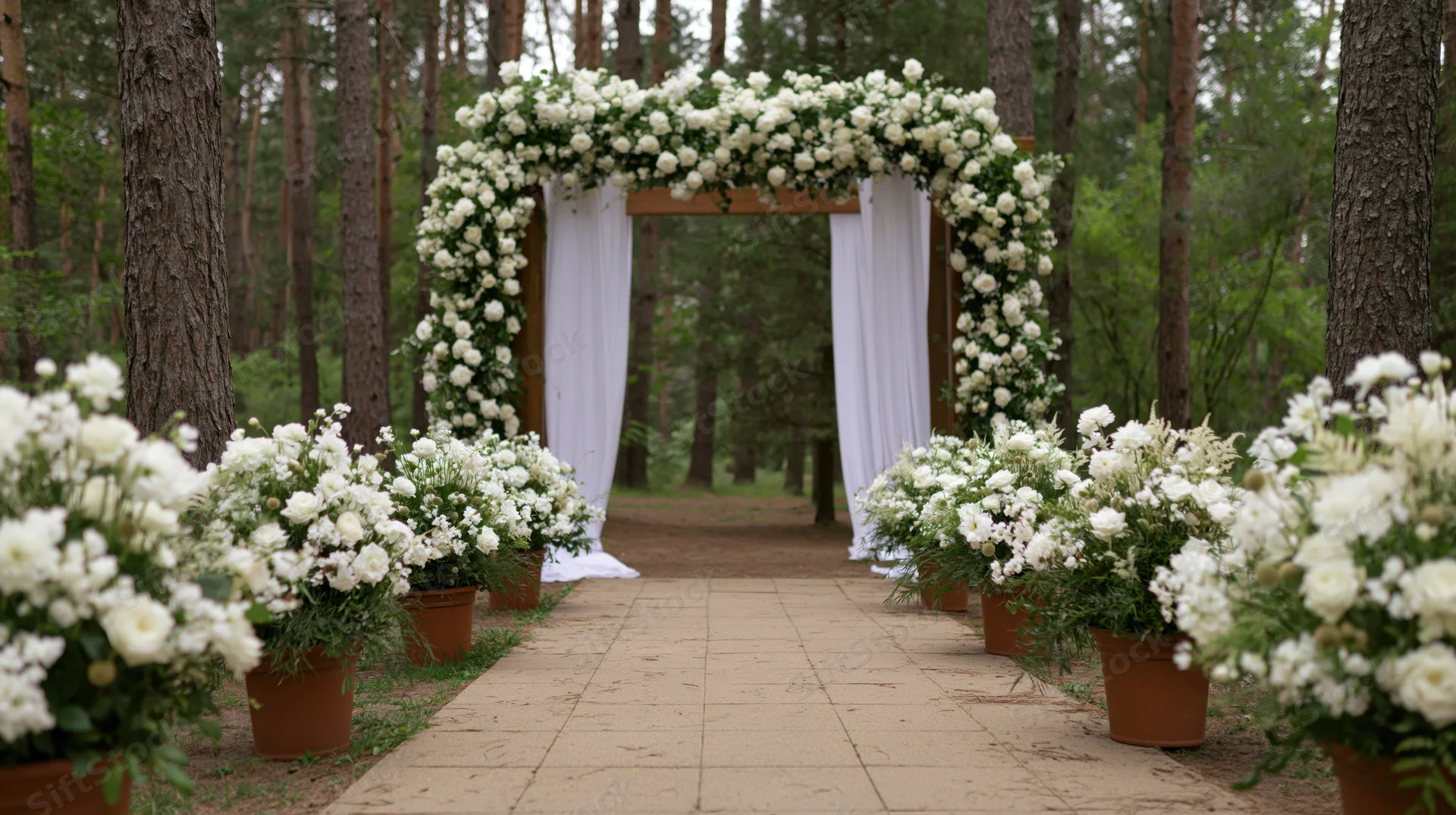 White floral arch and potted arrangements lining a stone pathway in a pine forest for a wedding ceremony