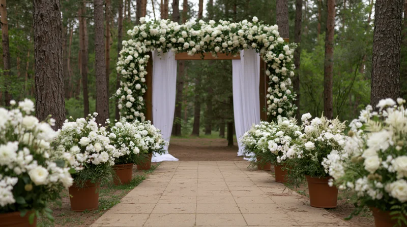 White floral arch and potted arrangements lining a stone pathway in a pine forest for a wedding ceremony