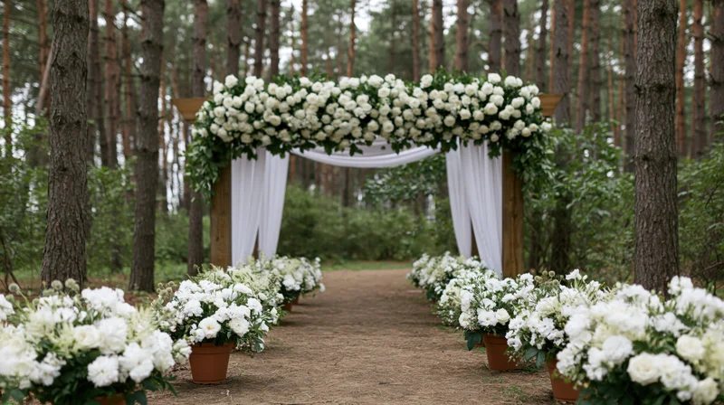 White floral arch and potted arrangements lining a dirt aisle in a pine forest for a wedding ceremony