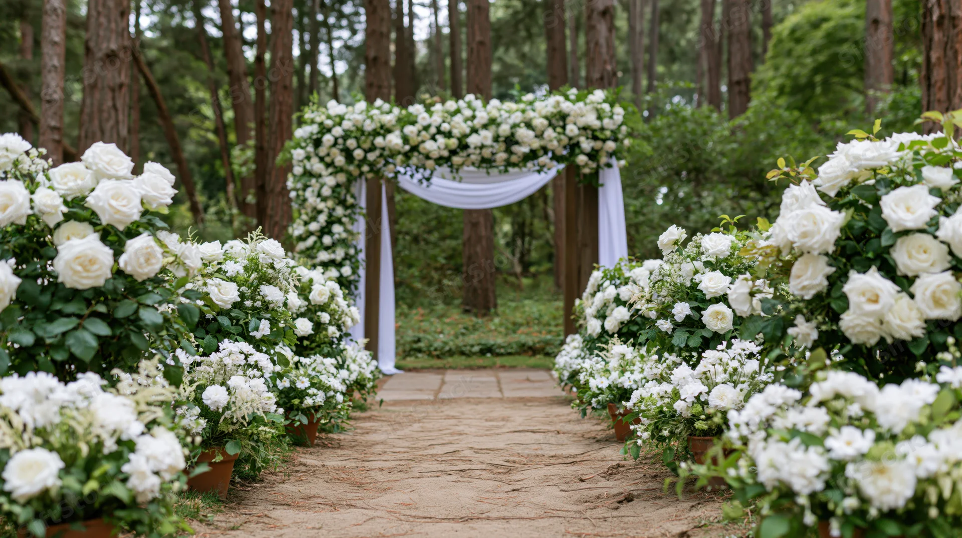 White floral arrangement lining a stone path leading to a flower-covered arch in a forest garden for a wedding ceremony