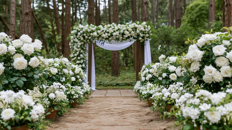 White floral arrangement lining a stone path leading to a flower-covered arch in a forest garden for a wedding ceremony