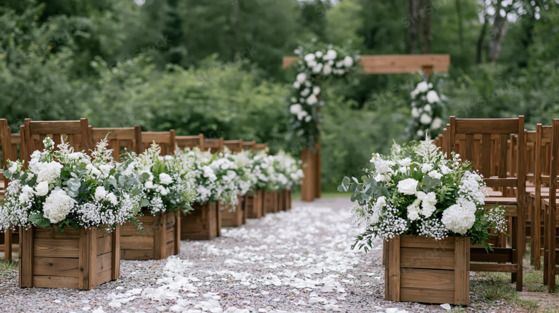 Outdoor wedding aisle lined with wooden chairs and floral arrangements in planters along a gravel path leading to a wooden arch decorated with white flowers