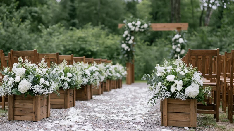 Outdoor wedding aisle lined with wooden chairs and floral arrangements in planters along a gravel path leading to a wooden arch decorated with white flowers