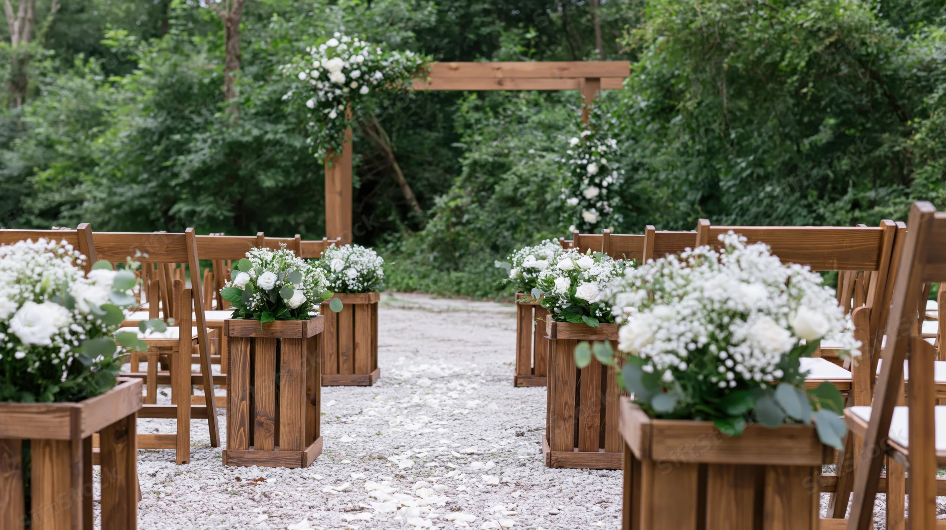 Outdoor wedding ceremony aisle with wooden chairs and floral arrangements in crates along a gravel path lined with trees