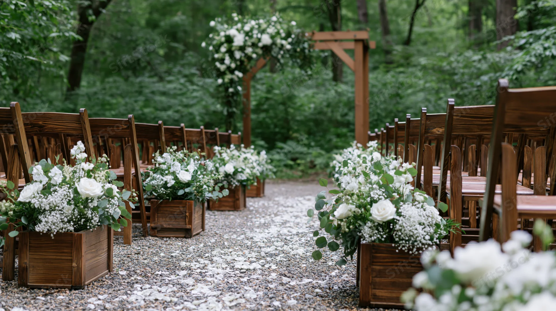 Outdoor wedding ceremony aisle lined with wooden chairs and white floral arrangements in wooden planters along a gravel path surrounded by greenery