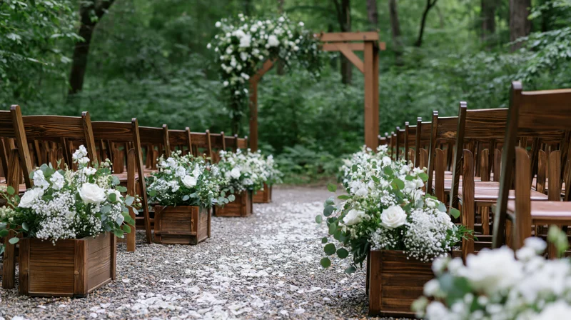 Outdoor wedding ceremony aisle lined with wooden chairs and white floral arrangements in wooden planters along a gravel path surrounded by greenery